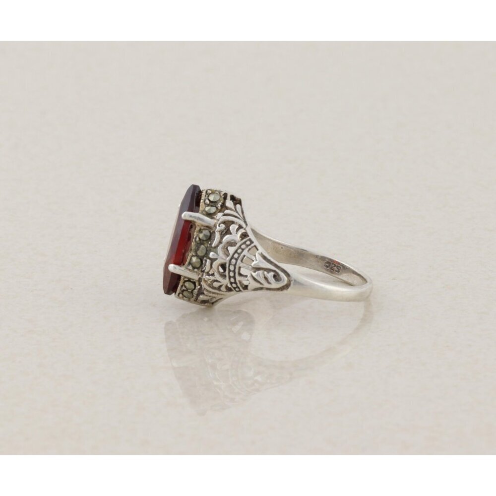 Sterling Silver Red Cubic Zirconia and Marcasite Ring Size 6 3/4 - Picture 7 of 8